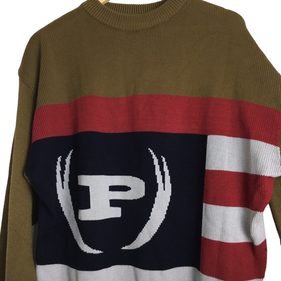 Phat Farm Mens Knit Crewneck Sweater Olive Grey P Logo XL Y2K - Picture 4 of 14